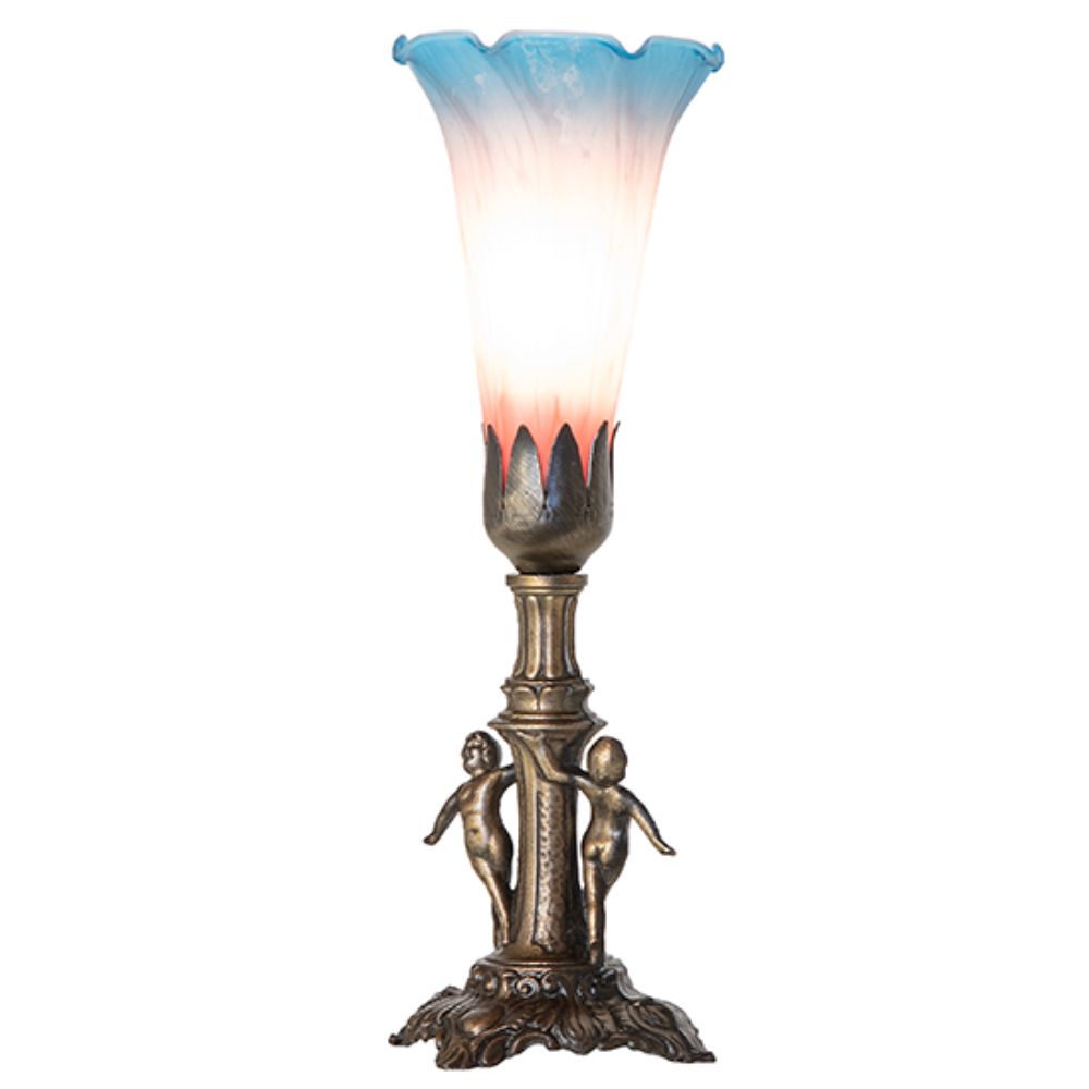 Meyda Lighting 262939 11" High Pink/Blue Tiffany Pond Lily Maidens Mini Lamp in Antique Brass