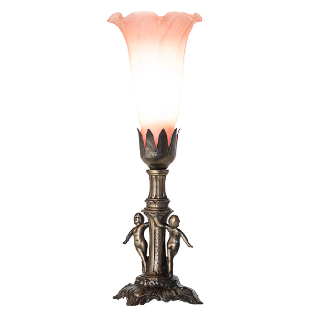 Meyda Lighting 262941 11" High Pink Tiffany Pond Lily Maidens Mini Lamp in Antique Brass