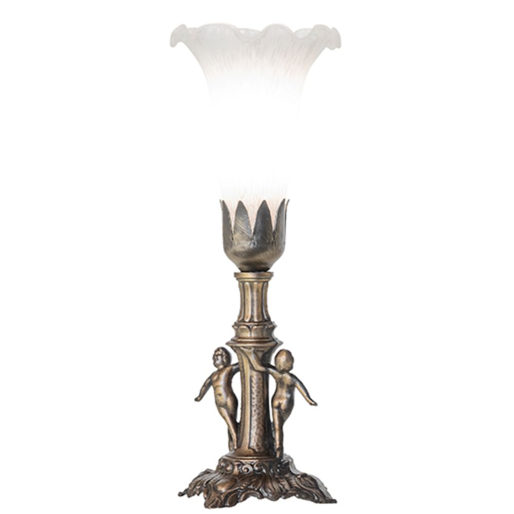 Meyda Lighting 262942 11" High White Tiffany Pond Lily Mini Lamp in Antique Brass