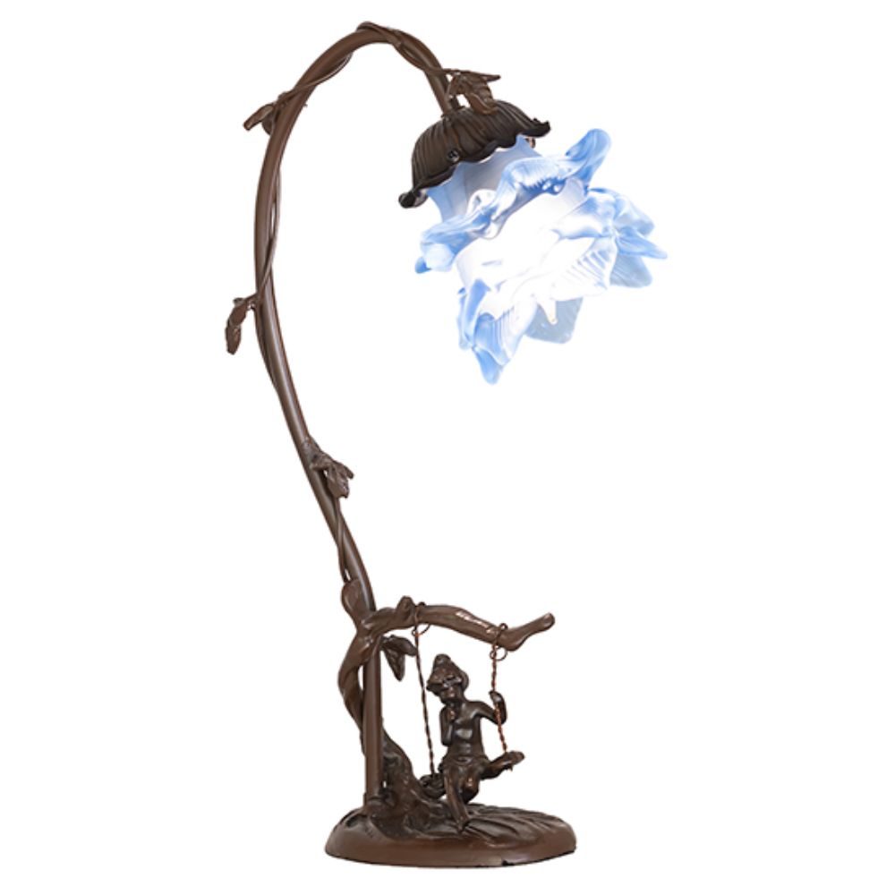 Meyda Lighting 269725 16" High Blue Floral Cherub on Swing Mini Lamp in Bronze Finish;antique Brass