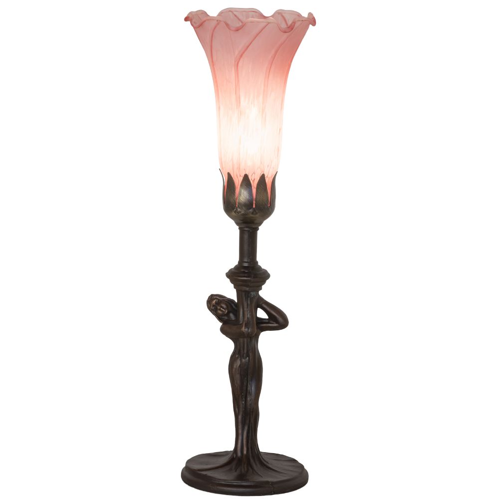 Meyda Lighting 48798 15" High Pink Tiffany Pond Lily Nouveau Lady Accent Lamp in Mahogany Bronze