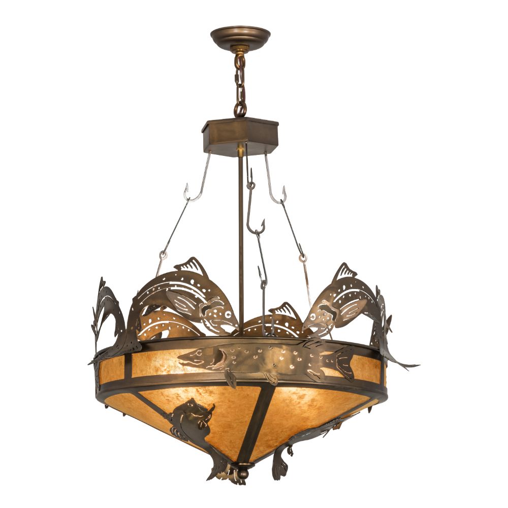 Meyda Lighting 50167 82"w Catch Of The Day Inverted Pendant In Amber Mica Antique Copper Finish
