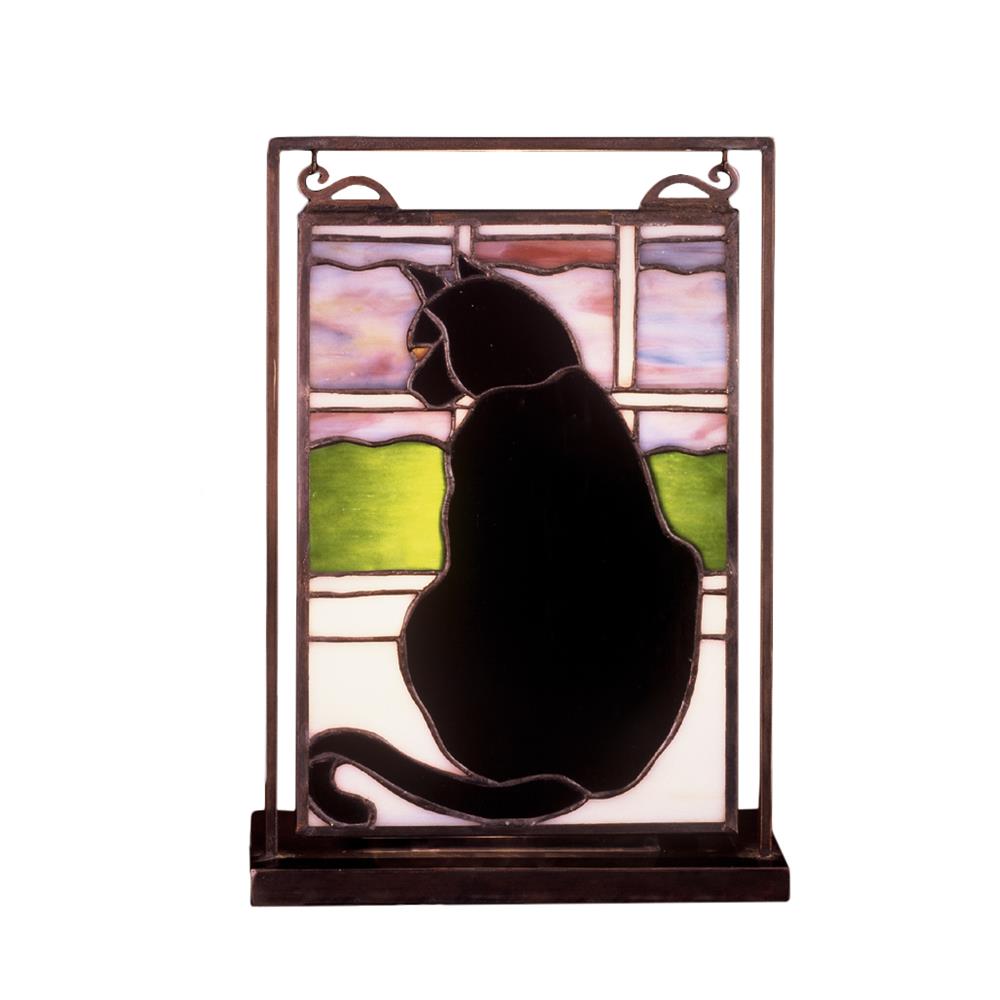 Meyda Tiffany Lighting 56834 9.5"W X 10.5"H Cat In Window Lighted Mini Tabletop Window