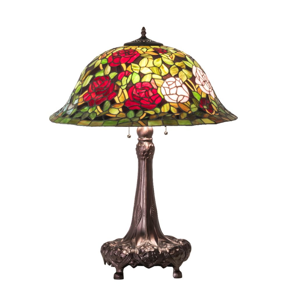 Meyda Lighting 82452 31" High Tiffany Rosebush Table Lamp In Ruby;pink;green Mahogany Bronze