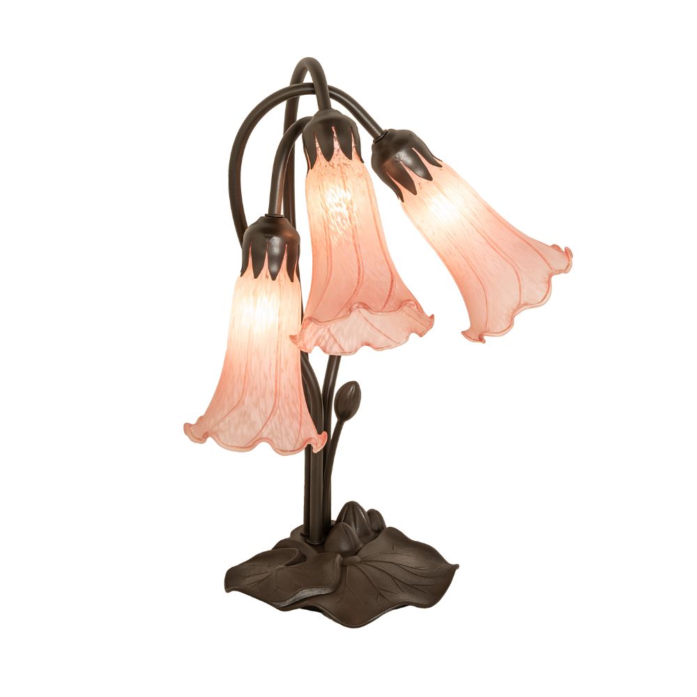Meyda Lighting 98715 16" High Pink Tiffany Pond Lily 3 Light Accent Lamp in Mahogany Bronze