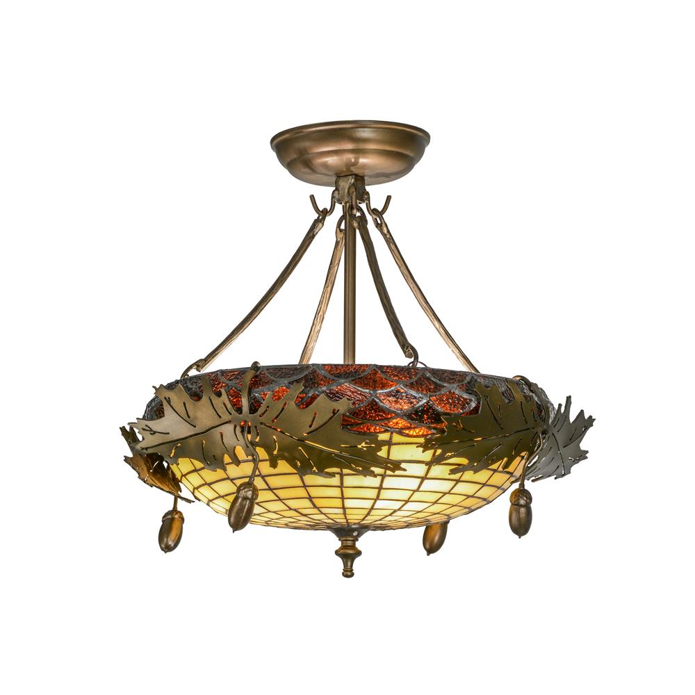 Meyda Tiffany Lighting 98965 3 Light Acorn Oak Leaves Small SemiFlush Semi Flush Ceiling Light, Antique