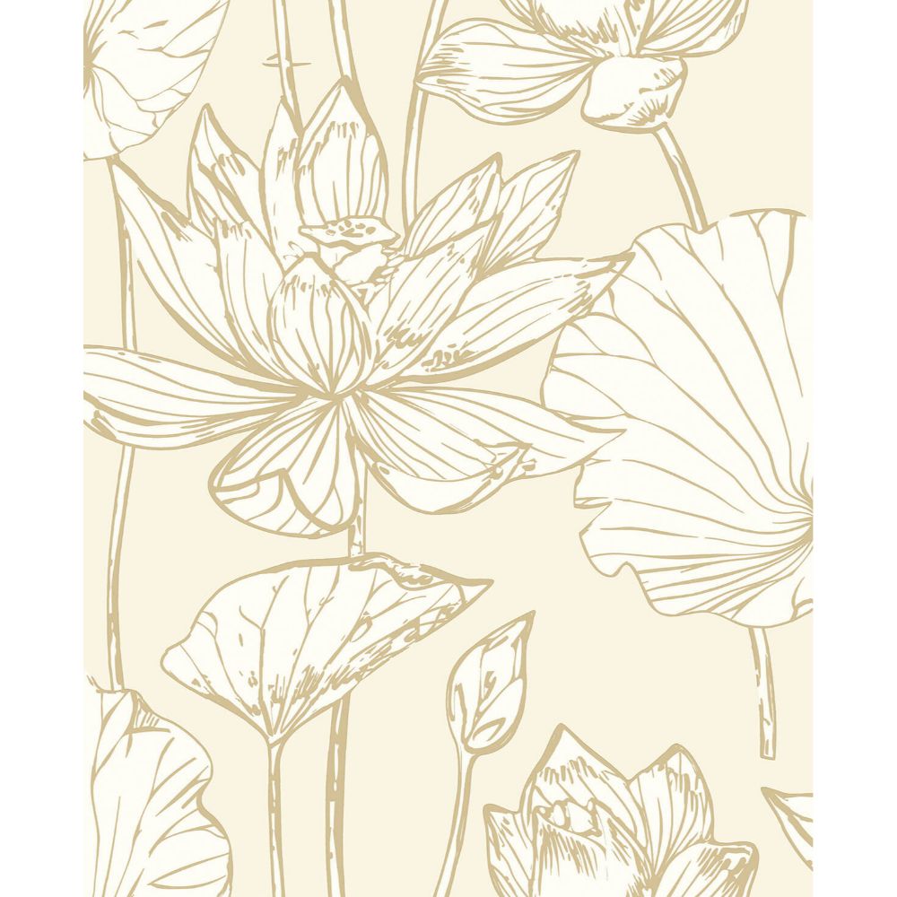 NextWall NW33105 Lotus Floral Wallpaper in Metallic Gold & Cream