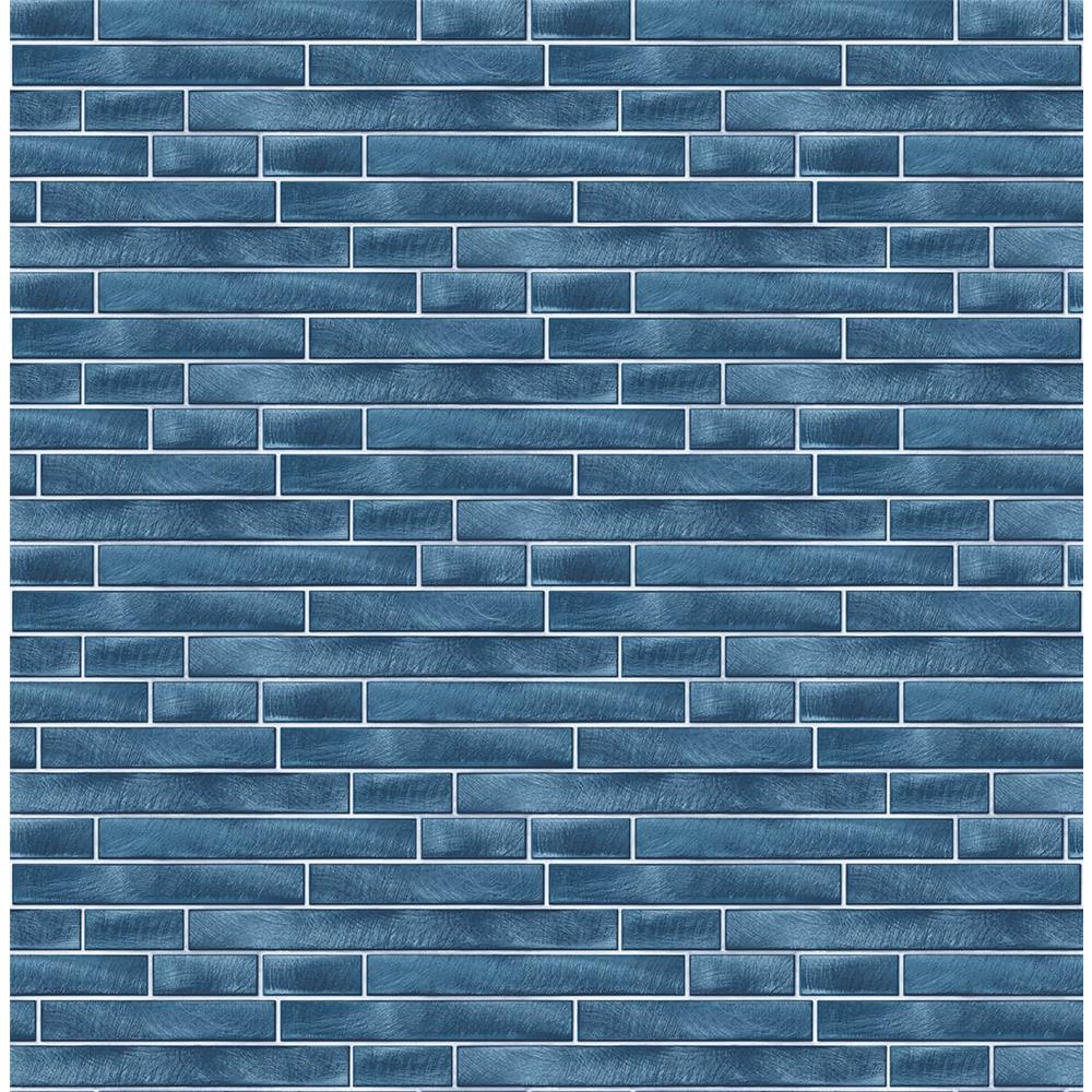 NextWall NW34602 Sidewall Brushed Metal Tile Peel & Stick Wallpaper in Denim Blue