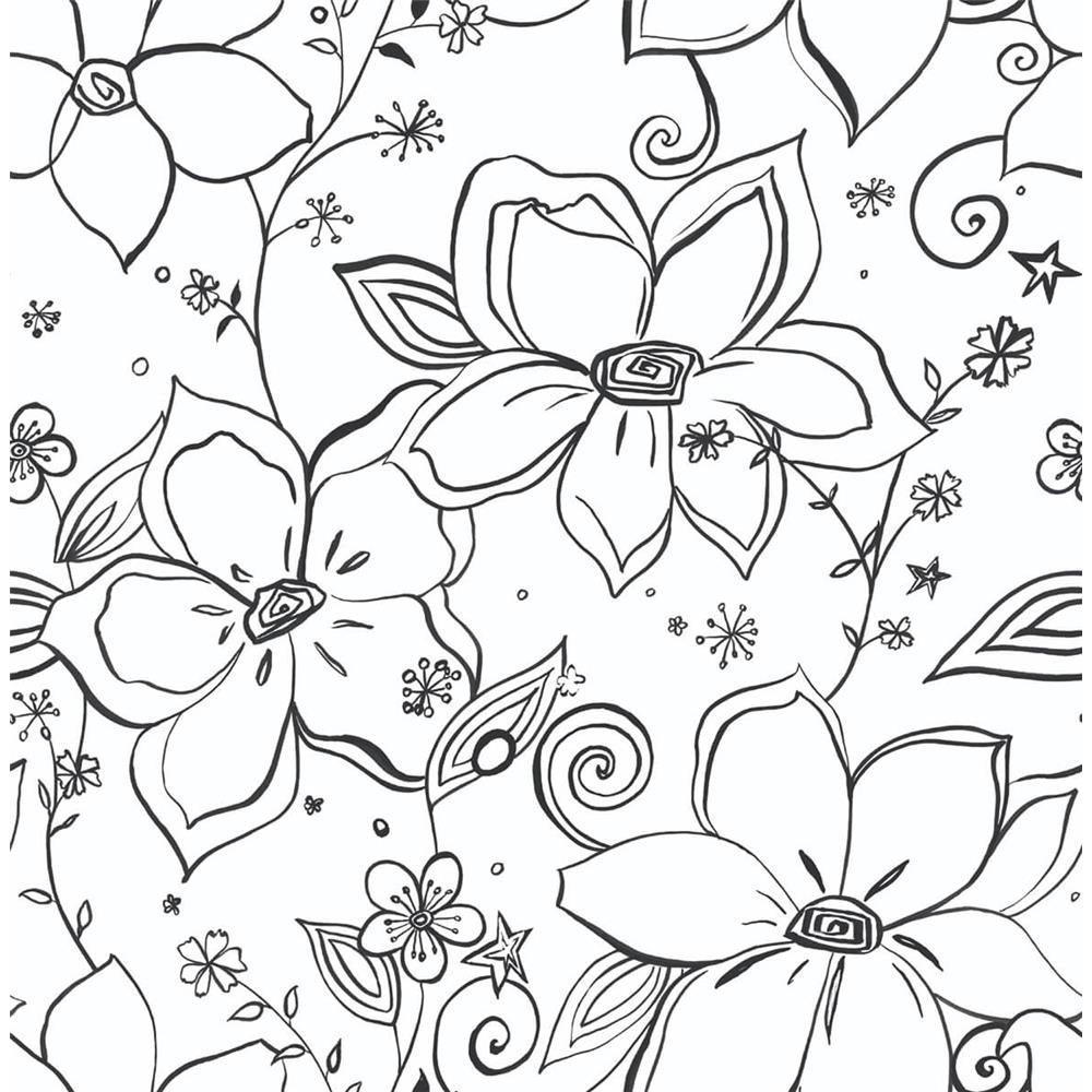 NextWall NW34900 Sidewall Linework Floral Peel & Stick Wallpaper in Black & White