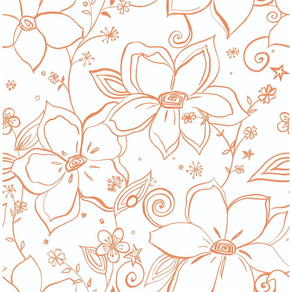 NextWall NW34905 Sidewall Linework Floral Peel & Stick Wallpaper in Orange & White