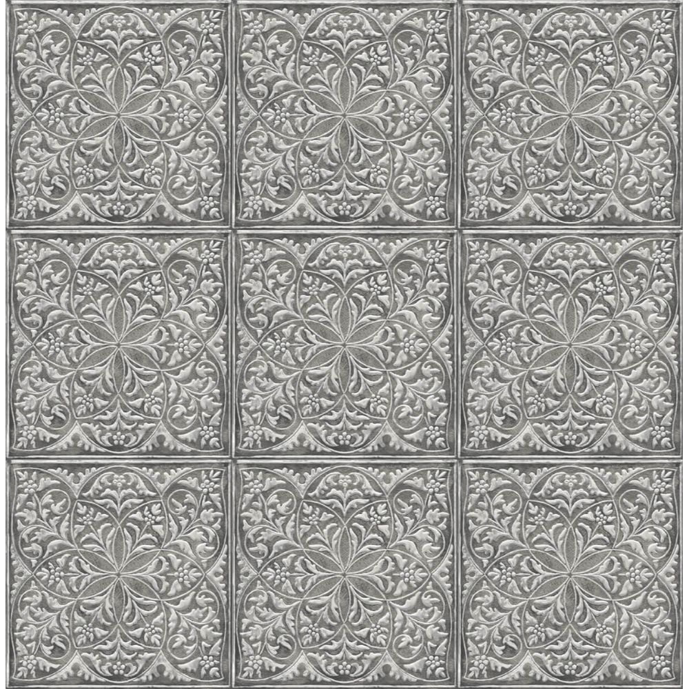 NextWall NW36200 Faux Embossed Tile Wallpaper in Metallic Silver & Charcoal