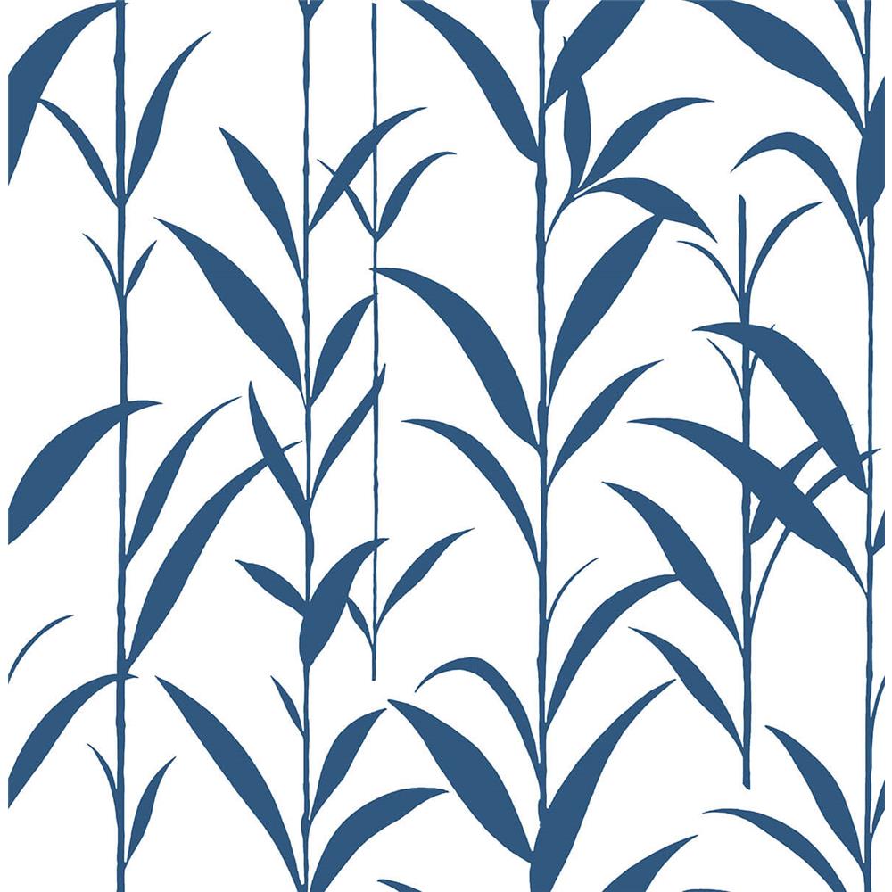 NextWall NW36412 Sidewall Bamboo Leaves Peel & Stick Wallpaper in Navy Blue & White