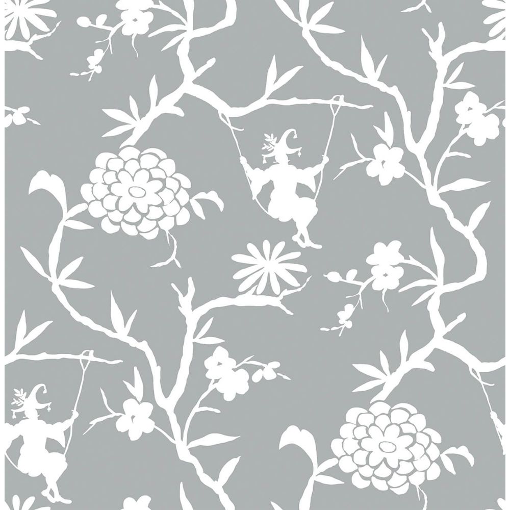 NextWall NW36608 Chinoiserie Silhouette Wallpaper in Metallic Silver