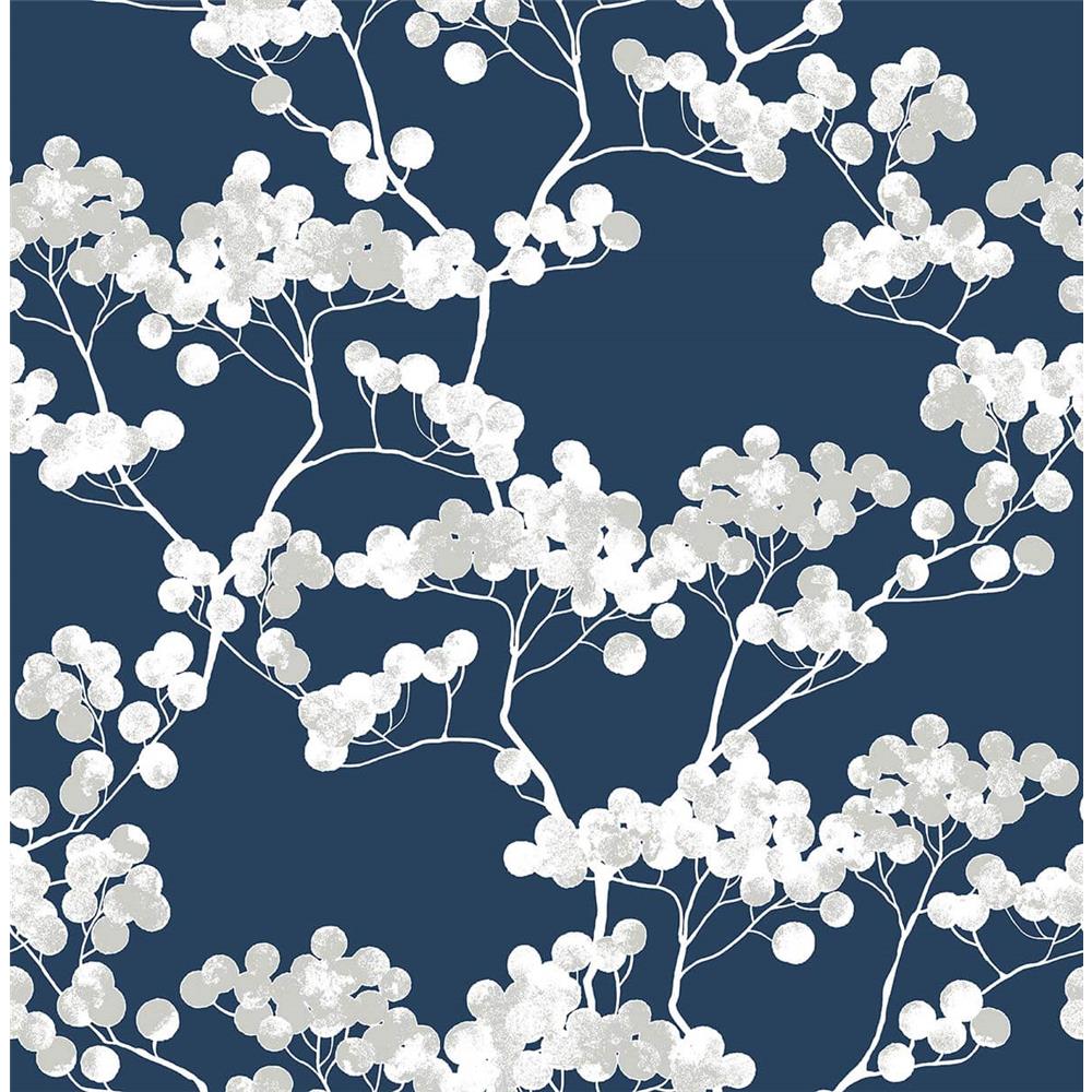 NextWall NW37202 Sidewall Cyprus Blossom Peel & Stick Wallpaper in Navy Blue & Gray