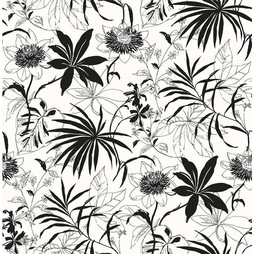 NextWall NW37300 Sidewall Tropical Garden Peel & Stick Wallpaper in Black & White