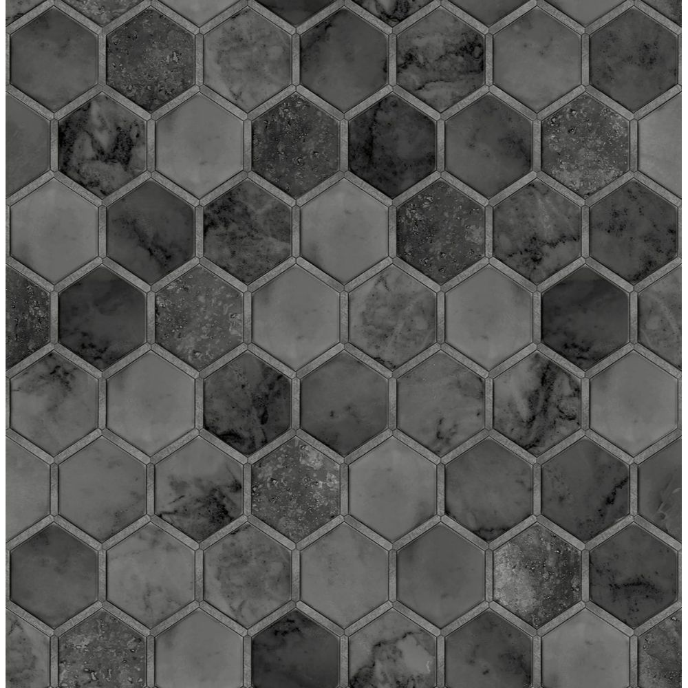 NextWall NW38600 Inlay Hexagon Wallpaper in Cosmic Black & Metallic Silver