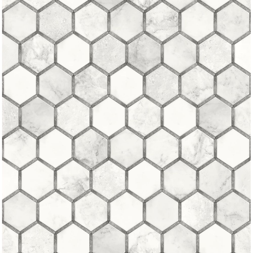 NextWall NW38615 Inlay Hexagon Wallpaper in Carrara & Metallic Silver