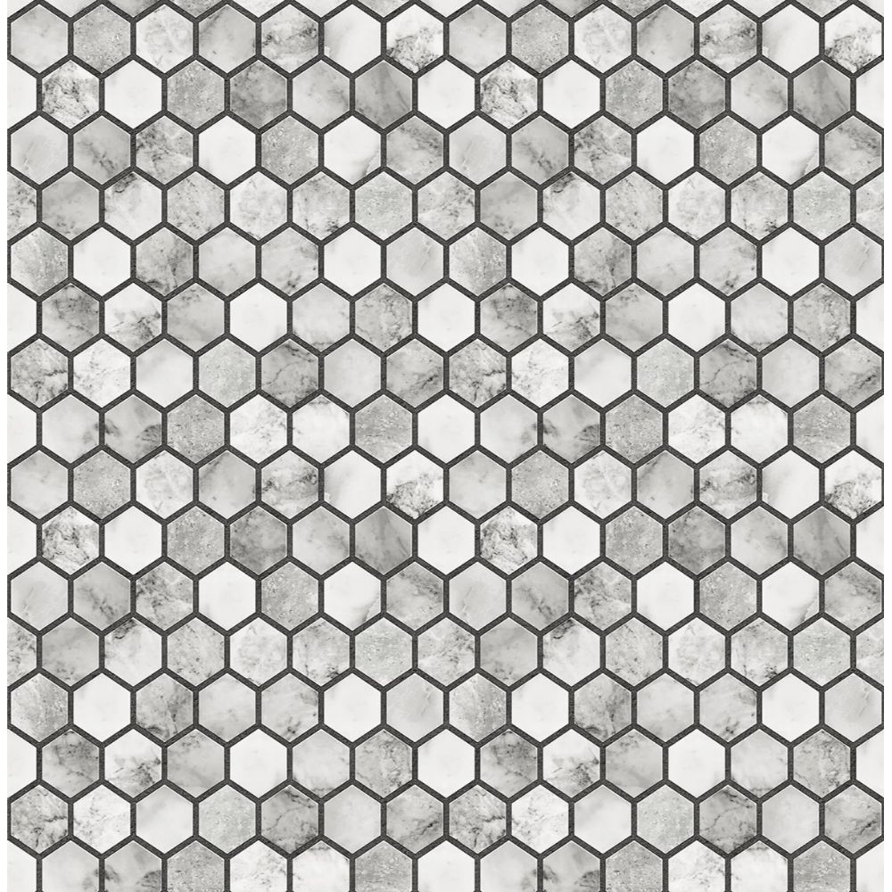 NextWall NW38700 Marble Hexagon Wallpaper in Carrara & Wrought Iron