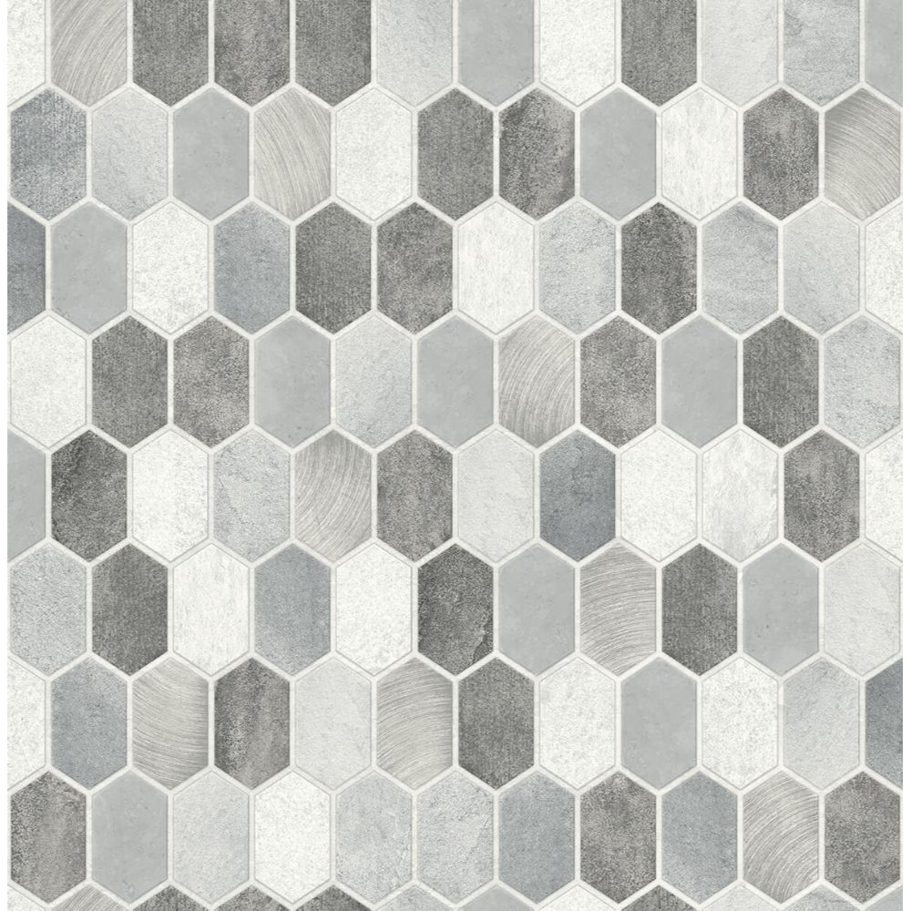 NextWall NW38803 Brushed Hex Tile Wallpaper in Icy Grey & Nickel