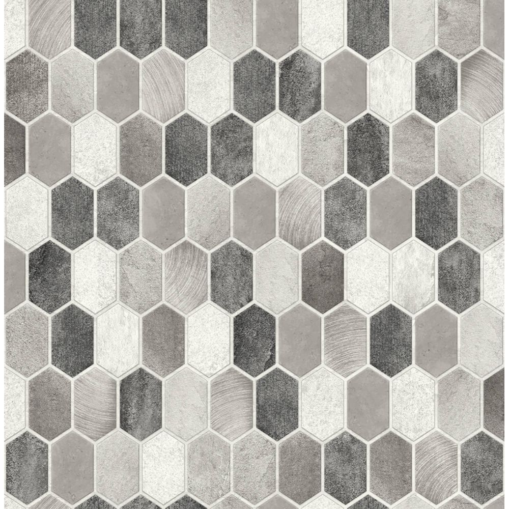 NextWall NW38805 Brushed Hex Tile Wallpaper in Pavestone & Chrome