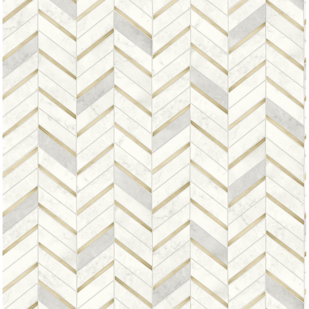 NextWall NW39205 Chevron Marble Tile Wallpaper in Metallic Gold & Pearl Gray