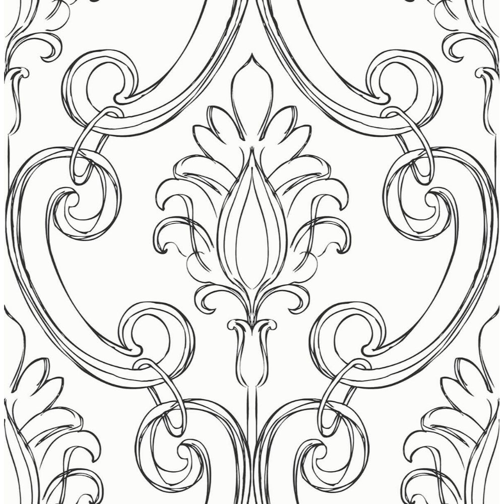 NextWall NW39400 Sketched Damask Wallpaper in Ebony