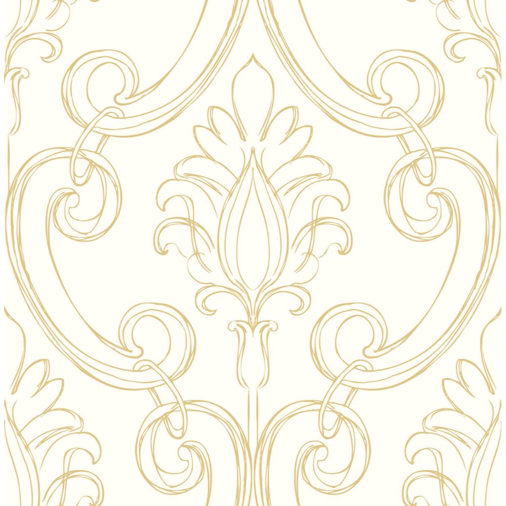 NextWall NW39405 Sketched Damask Wallpaper in Metallic Gold