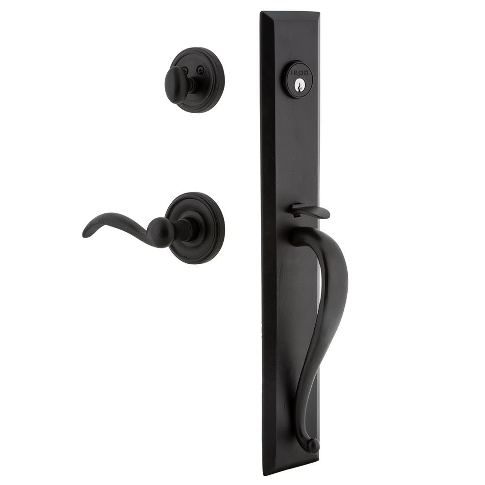 Ageless Iron KEPAGRLOCTIN Ageless Iron Keep One-Piece Dummy Handleset with A Grip with Loch Rosette and Tine Lever in Black Iron