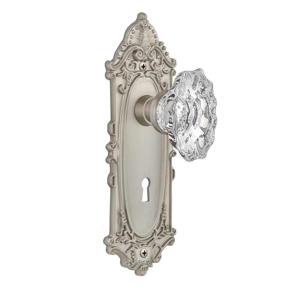 714055 Nostalgic Warehouse VICCHA Complete Mortise Lockset Victorian Plate  with Chateau Knob in Satin Nickel GoingKnobs