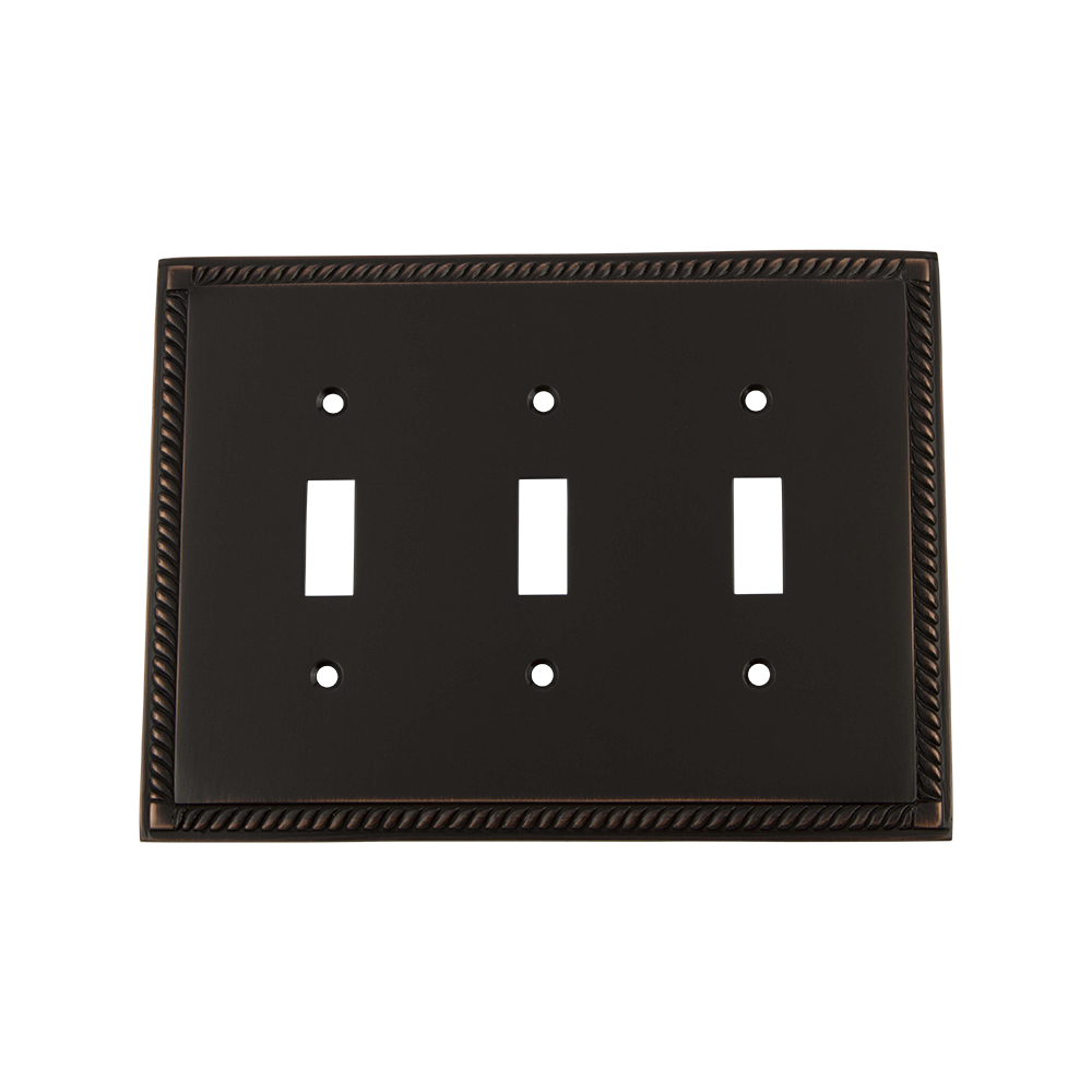 Nostalgic Warehouse ROPSWPLTT3 Rope Switch Plate with Triple Toggle in Timeless Bronze