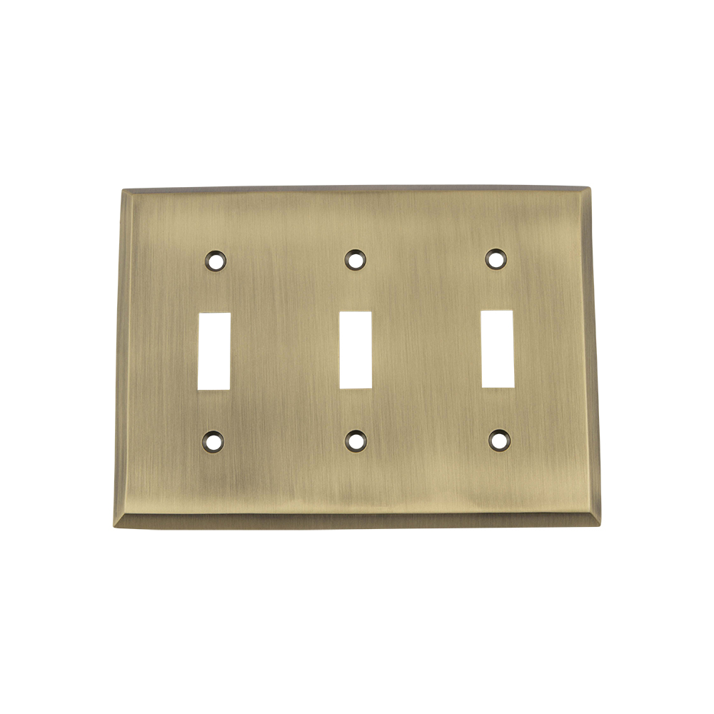 Nostalgic Warehouse NYKSWPLTT3 New York Switch Plate with Triple Toggle in Antique Brass