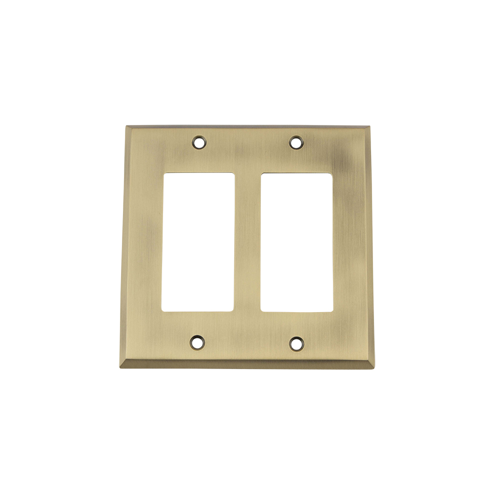 Nostalgic Warehouse NYKSWPLTR2 New York Switch Plate with Double Rocker in Antique Brass