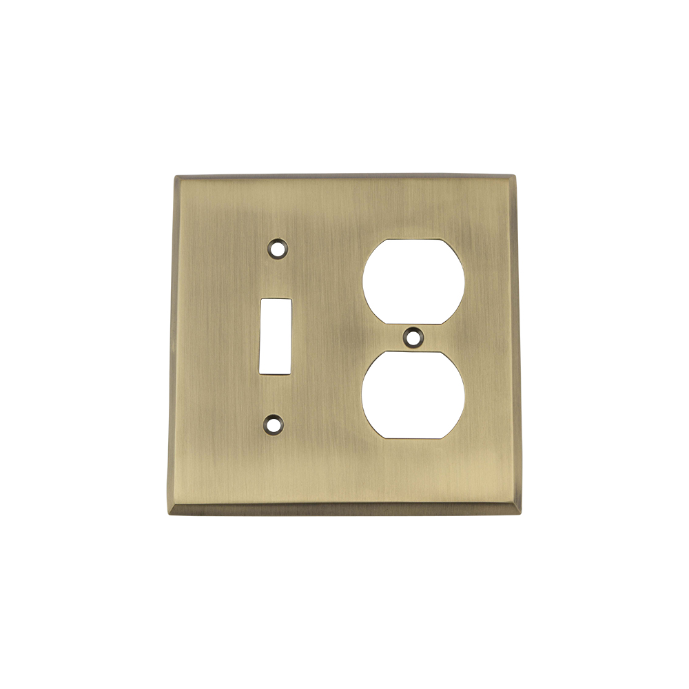 Nostalgic Warehouse NYKSWPLTTD New York Switch Plate with Toggle and Outlet in Antique Brass