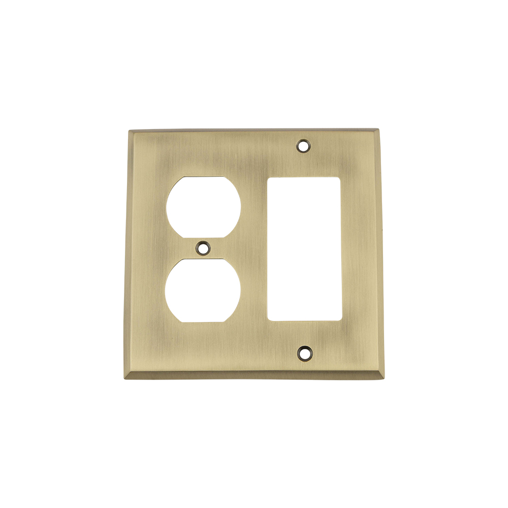 Nostalgic Warehouse NYKSWPLTRD New York Switch Plate with Rocker and Outlet in Antique Brass