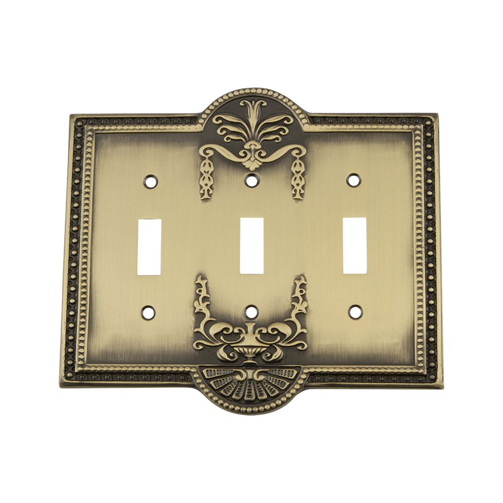 Nostalgic Warehouse MEASWPLTT3 Meadows Switch Plate with Triple Toggle in Antique Brass