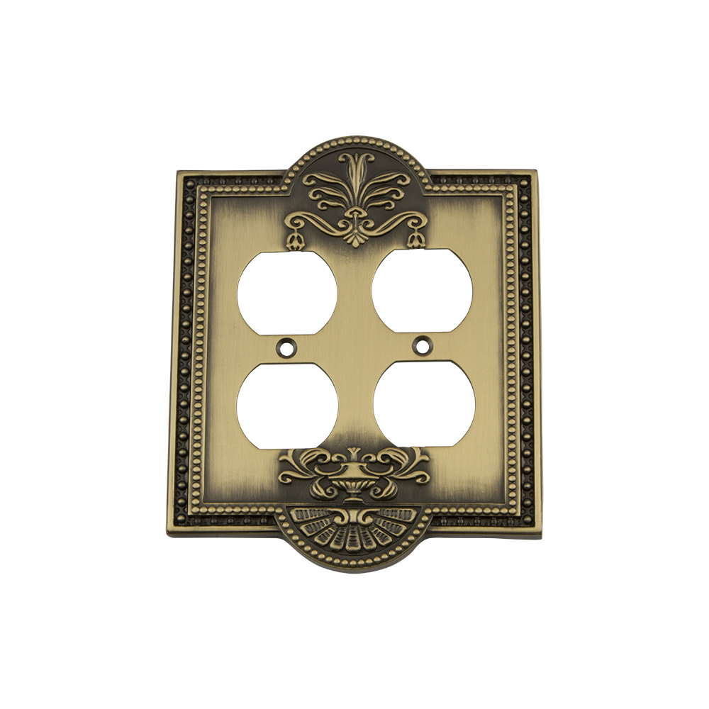 Nostalgic Warehouse MEASWPLTD2 Meadows Switch Plate with Double Outlet in Antique Brass