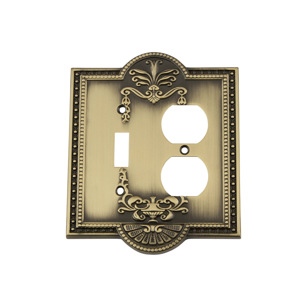 Nostalgic Warehouse MEASWPLTTD Meadows Switch Plate with Toggle and Outlet in Antique Brass