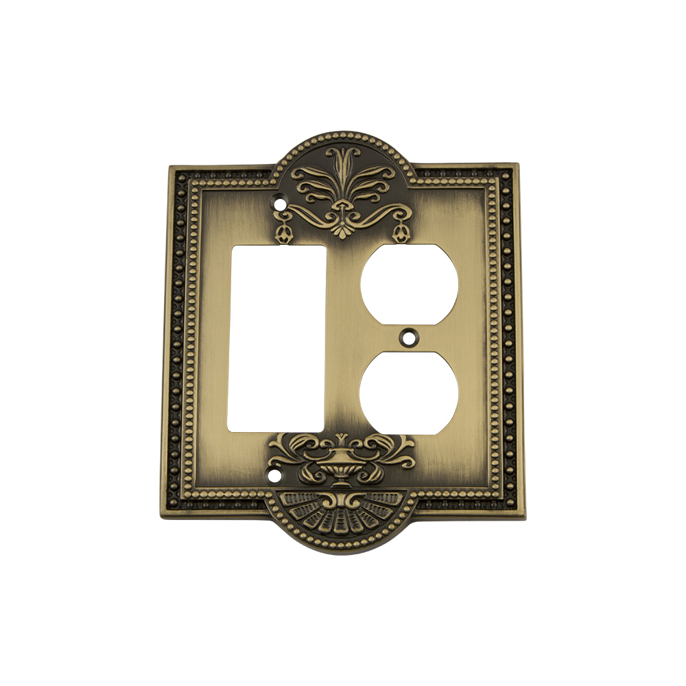 Nostalgic Warehouse MEASWPLTRD Meadows Switch Plate with Rocker and Outlet in Antique Brass