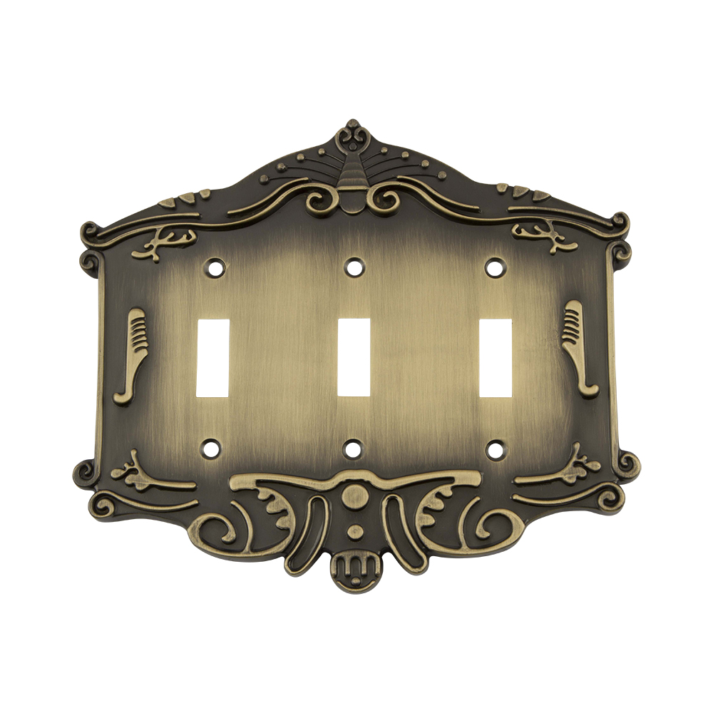 Nostalgic Warehouse VICSWPLTT3 Victorian Switch Plate with Triple Toggle in Antique Brass