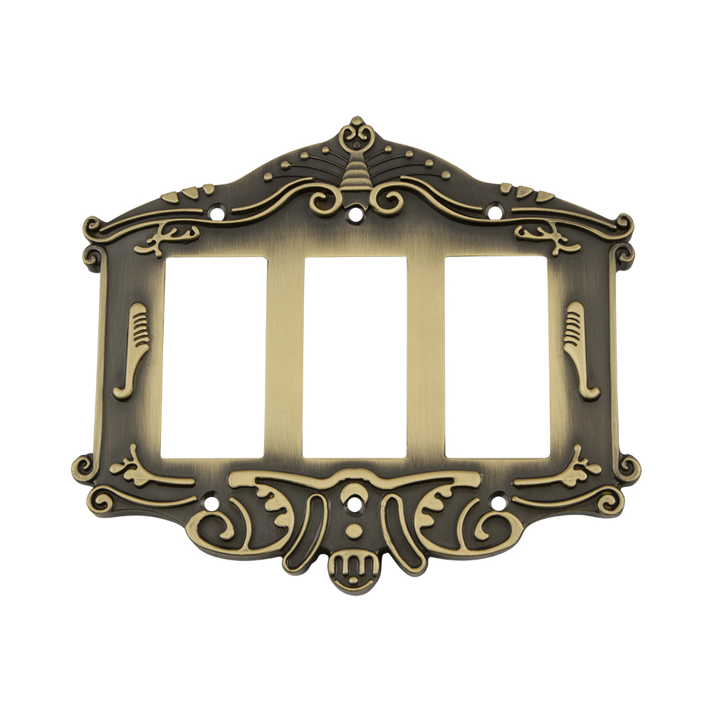 Nostalgic Warehouse VICSWPLTR3 Victorian Switch Plate with Triple Rocker in Antique Brass