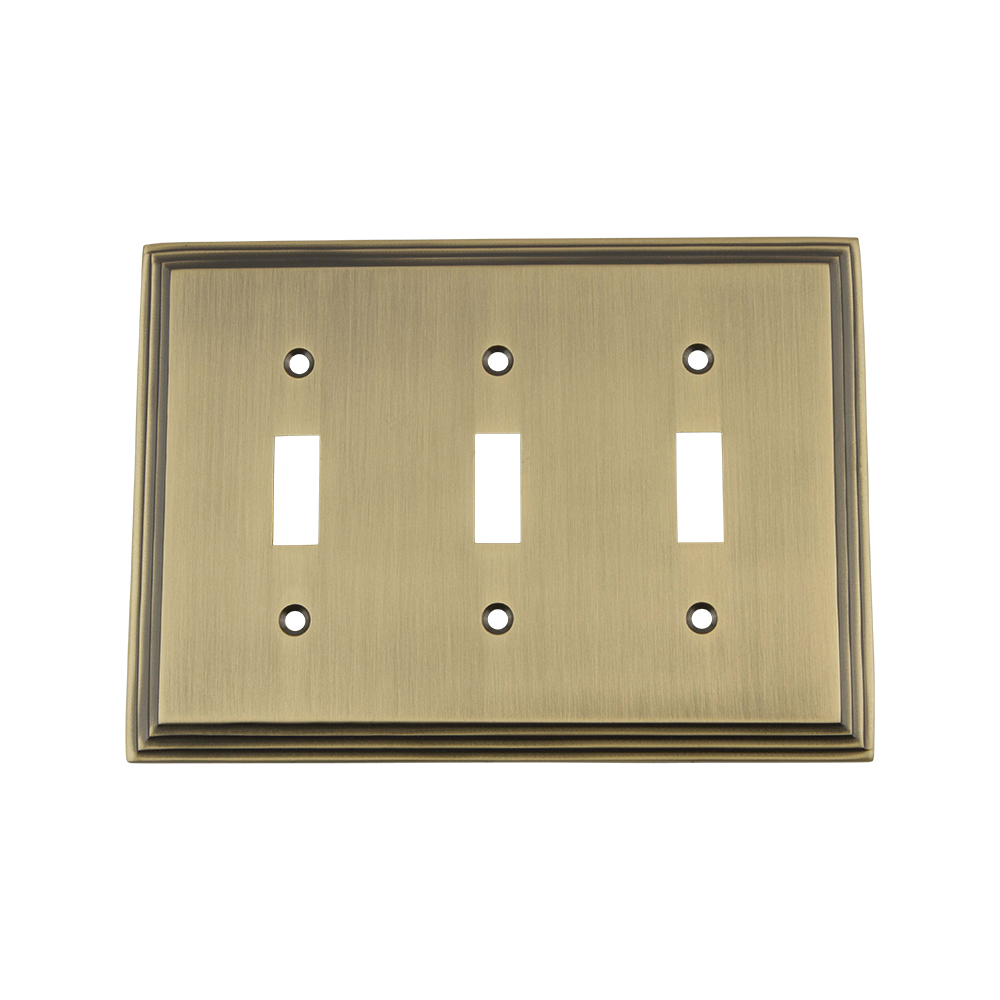 Nostalgic Warehouse DECSWPLTT3 Deco Switch Plate with Triple Toggle in Antique Brass