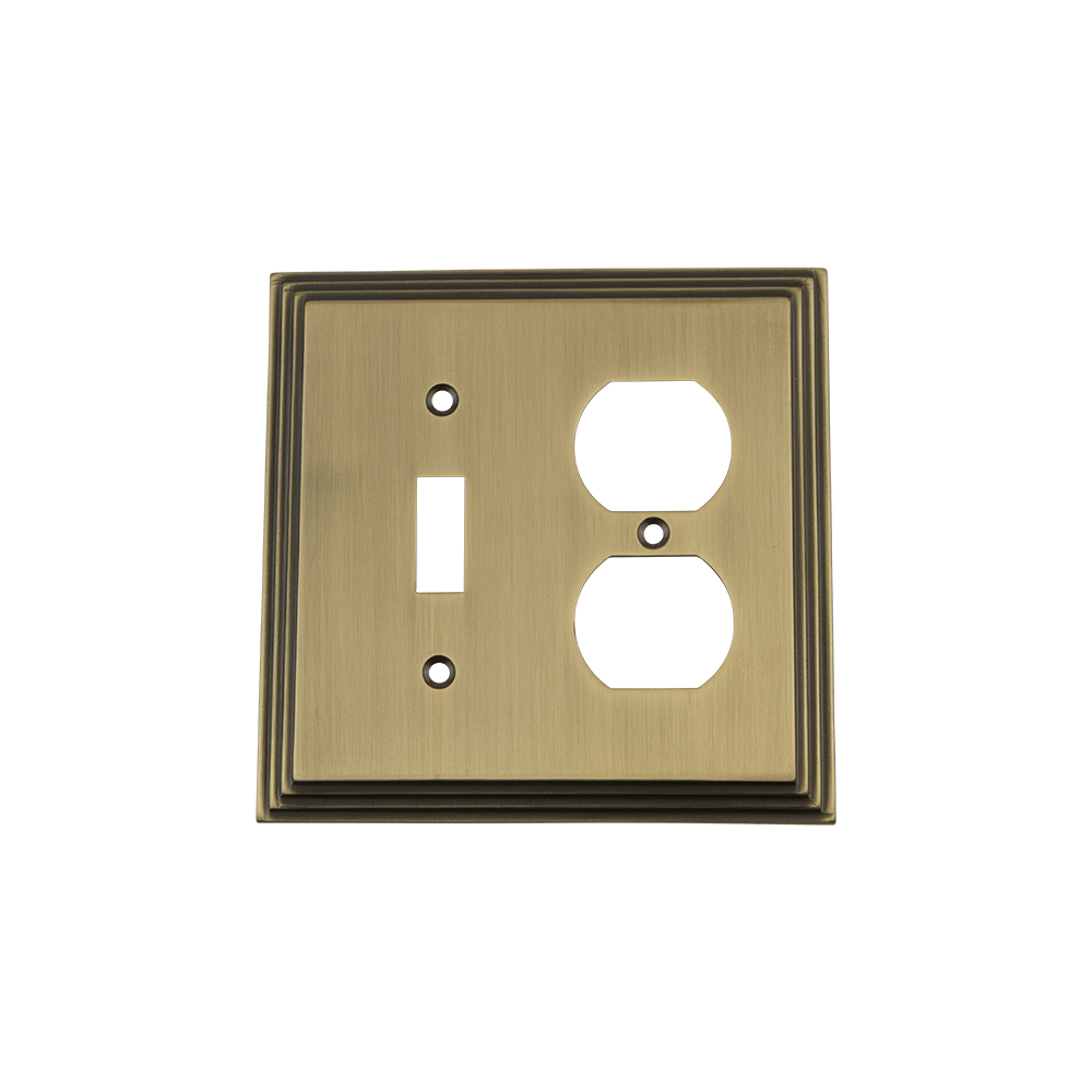 Nostalgic Warehouse DECSWPLTTD Deco Switch Plate with Toggle and Outlet in Antique Brass