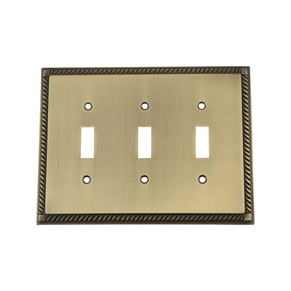 Nostalgic Warehouse ROPSWPLTT3 Rope Switch Plate with Triple Toggle in Antique Brass