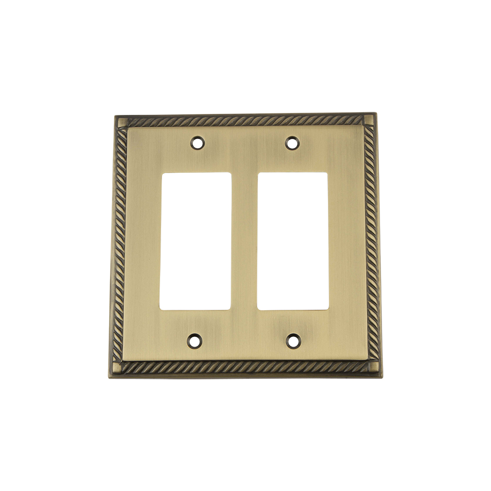 Nostalgic Warehouse ROPSWPLTR2 Rope Switch Plate with Double Rocker in Antique Brass