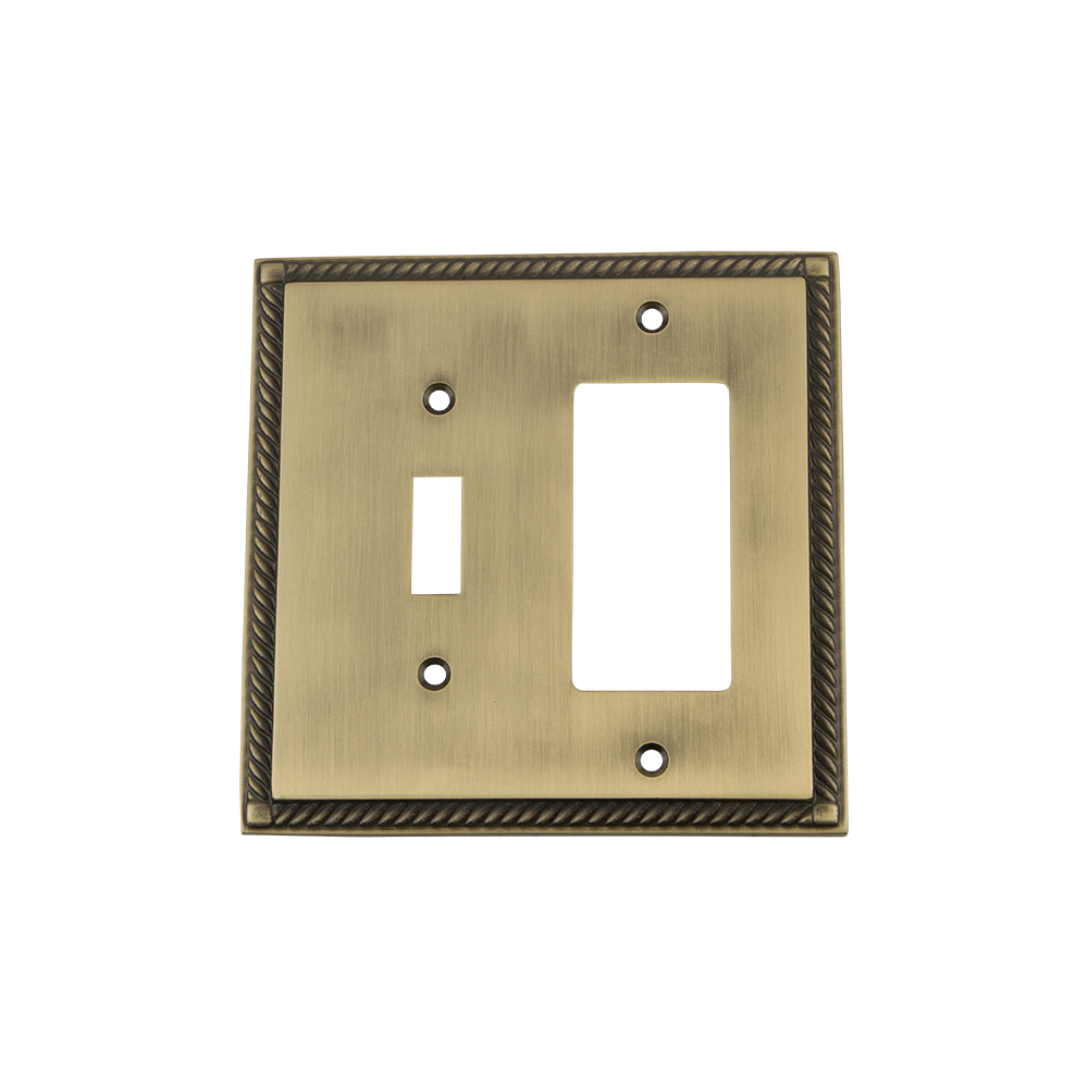 Nostalgic Warehouse ROPSWPLTTR Rope Switch Plate with Toggle and Rocker in Antique Brass