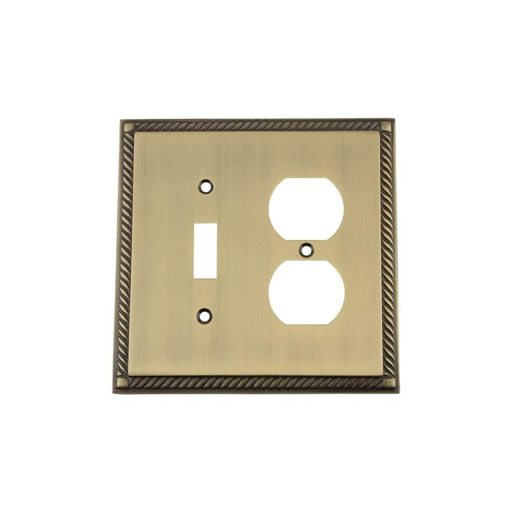 Nostalgic Warehouse ROPSWPLTTD Rope Switch Plate with Toggle and Outlet in Antique Brass