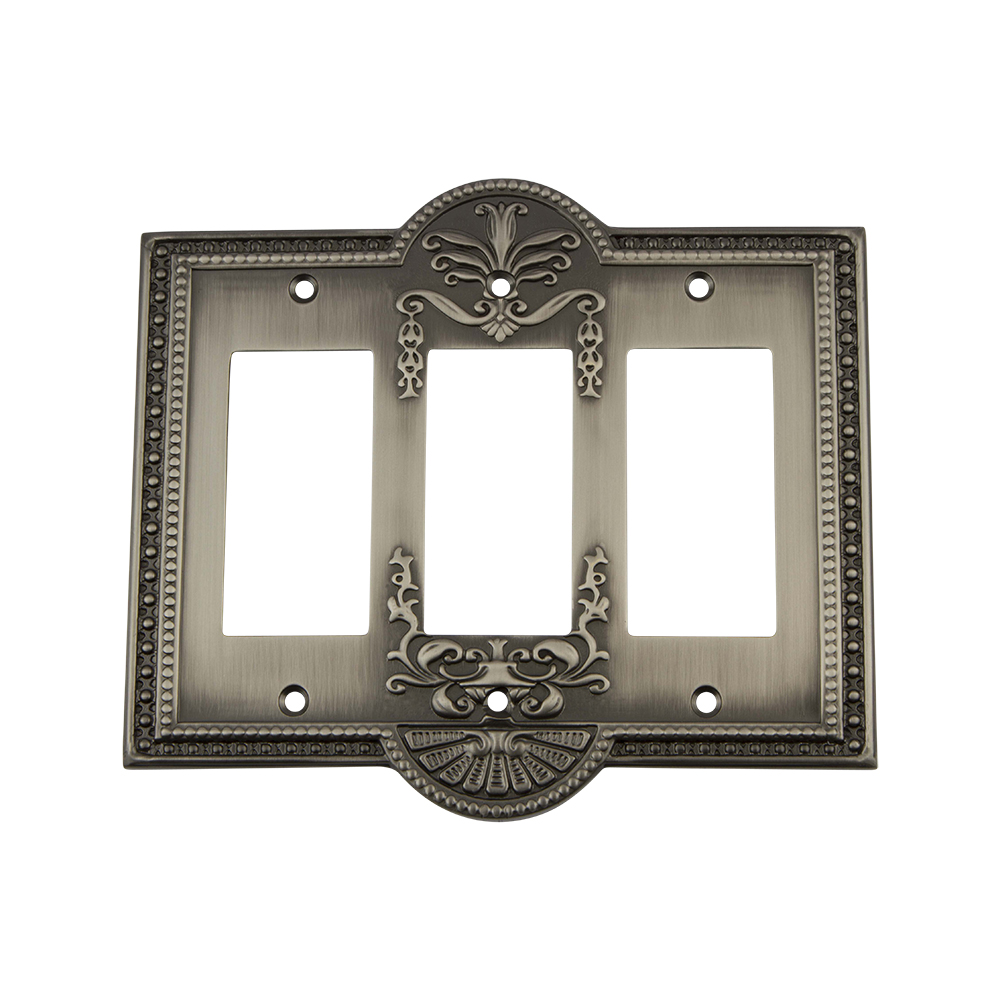Nostalgic Warehouse MEASWPLTR3 Meadows Switch Plate with Triple Rocker in Antique Pewter