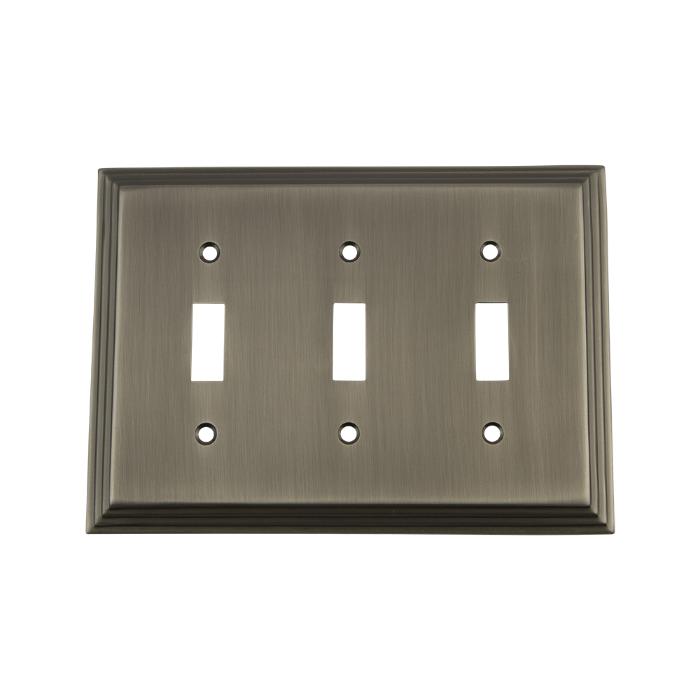Nostalgic Warehouse DECSWPLTT3 Deco Switch Plate with Triple Toggle in Antique Pewter