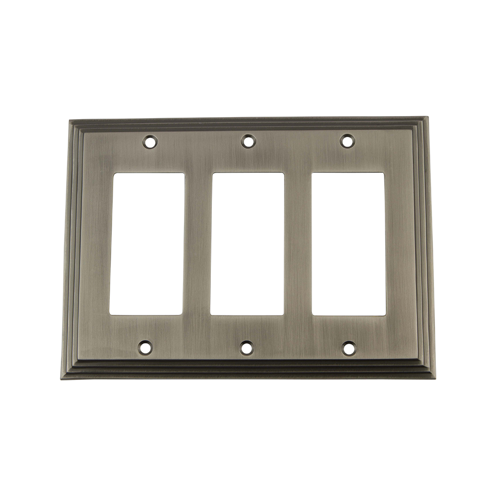 Nostalgic Warehouse DECSWPLTR3 Deco Switch Plate with Triple Rocker in Antique Pewter
