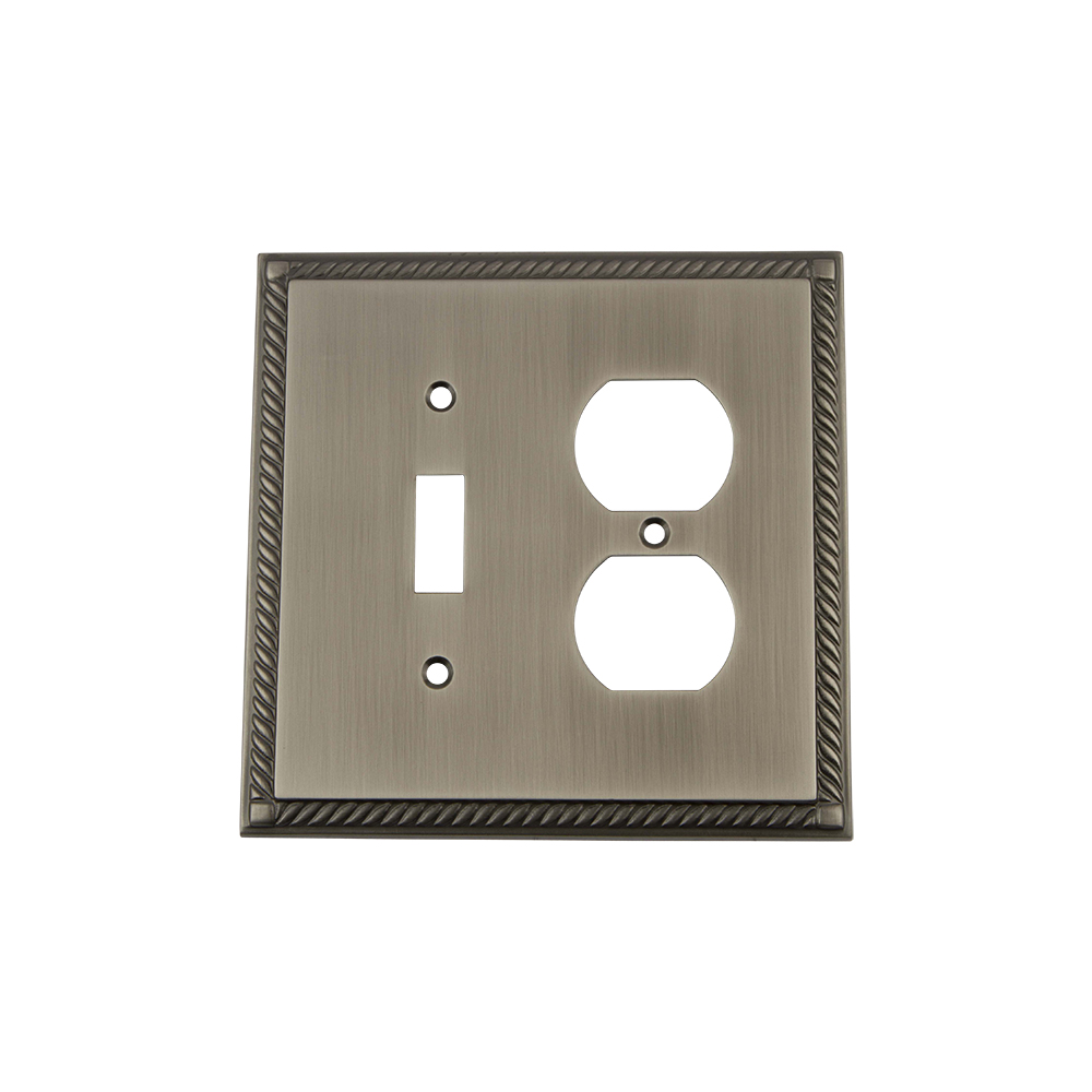Nostalgic Warehouse ROPSWPLTTD Rope Switch Plate with Toggle and Outlet in Antique Pewter